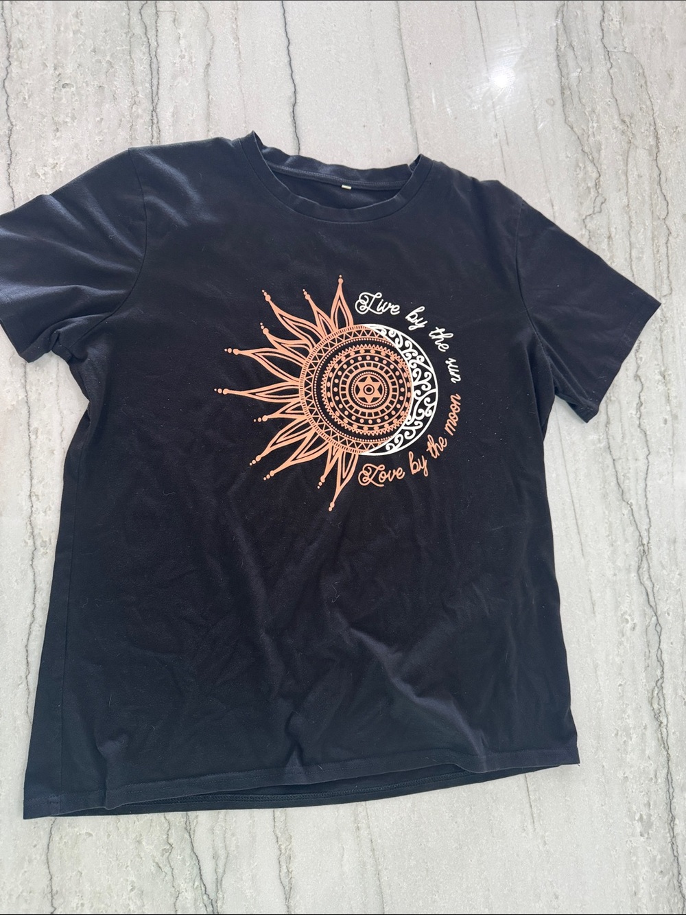 Black Graphic Tee with Sun & Moon Medallion